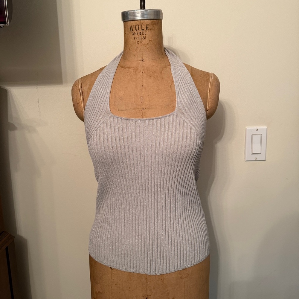 Scripted Gray Silver Sparkle Ribbed Halter Tank Top